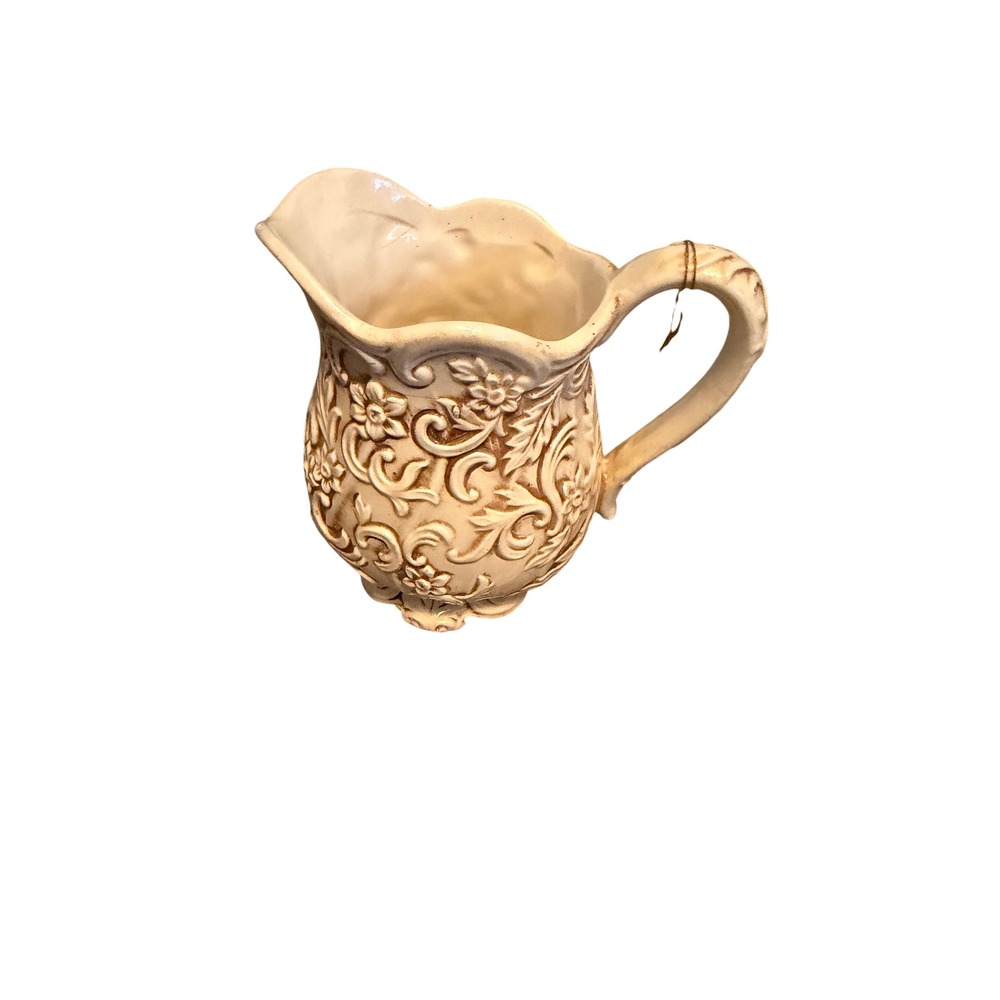 Vintage Embossed Floral Ceramic Pitcher Cream Off White Scalloped E-5218 Decor